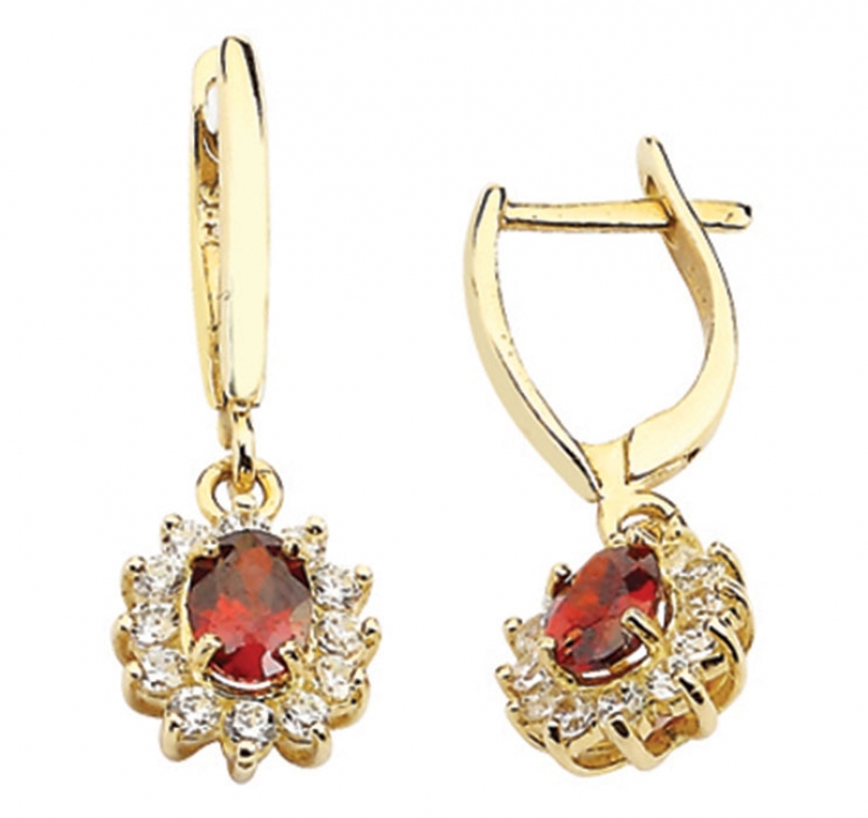 Kırmızı Oval Taşlı Altın Küpe