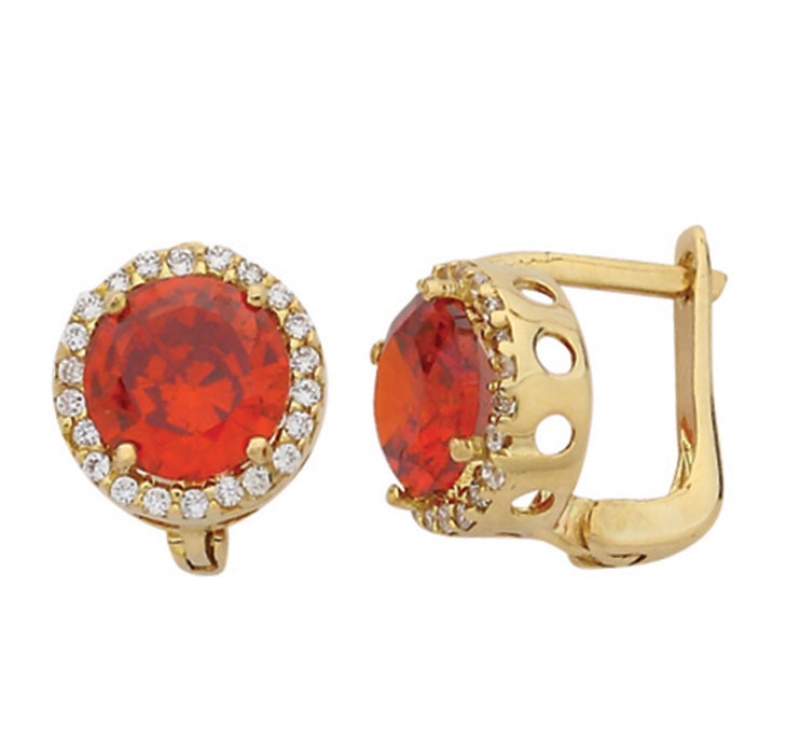 Yuvarlak Kırmızı Taşlı Altın Küpe