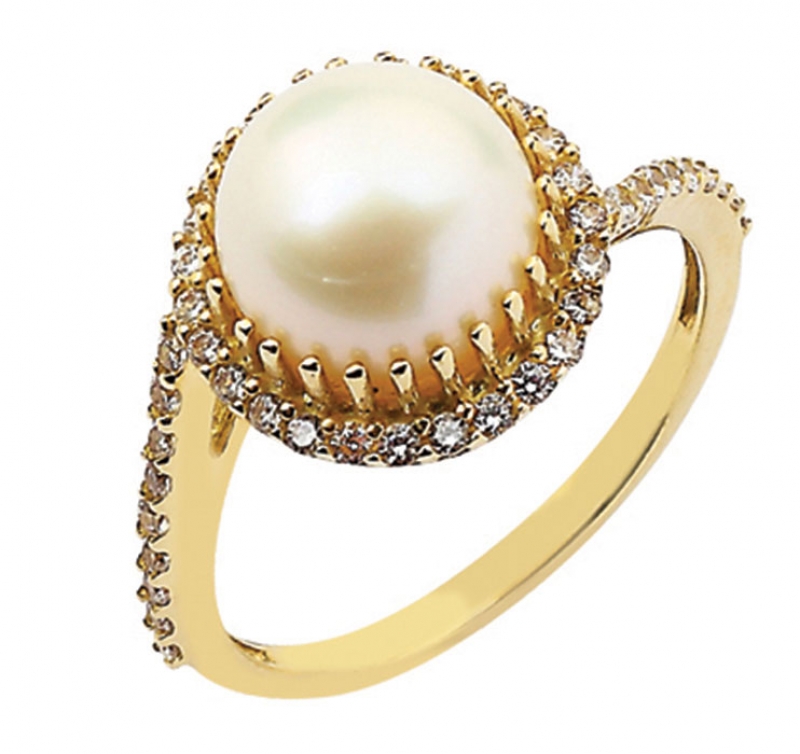 Taş Süslemeli Tektaş İnci Yüzük