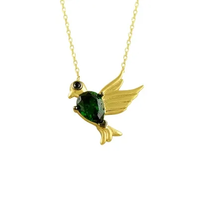 Yeşill Taşlı Kuş Altın Kolye